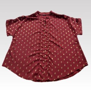 Gold Dot Tunic Top 4X Burgundy Mandarin Collar Ruched Short Sleeve Casual Shirt
